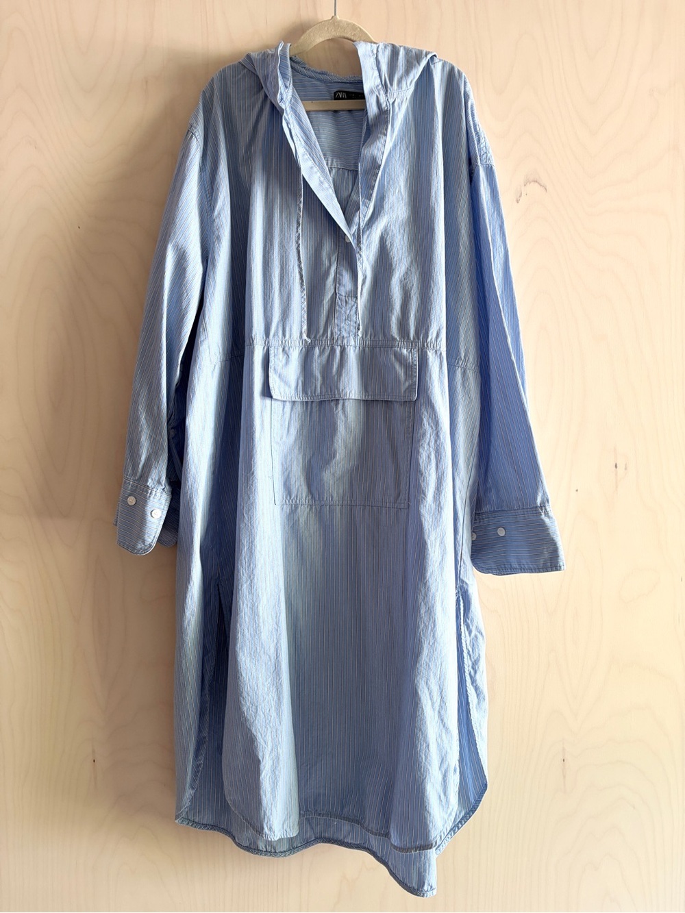 Zara Light Blue Pinstripe Hooded Shirt Dress Poncho